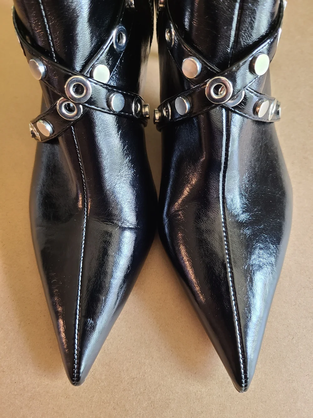 Zara Black Pointed-Toe Grommet Strap Ankle Booties